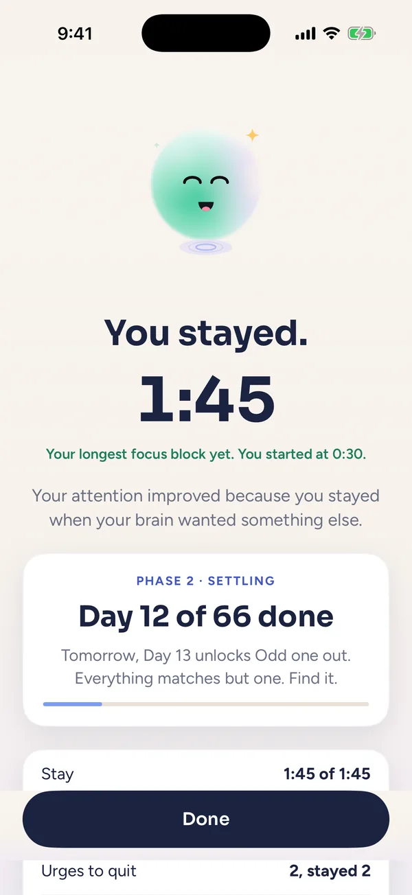 Result screen: You stayed. 1:45, your longest focus block yet