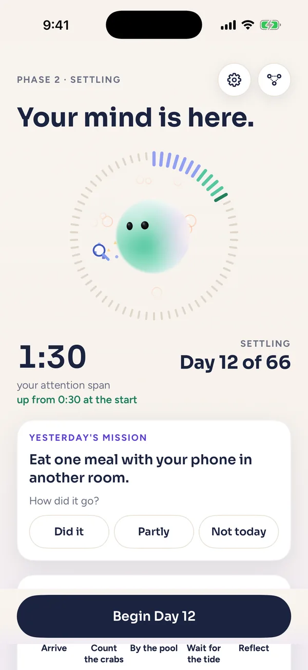 Attention Span Today screen: Day 12 of 66, a 1:30 attention span up from 0:30, the character inside the journey ring, and the Begin Day 12 button